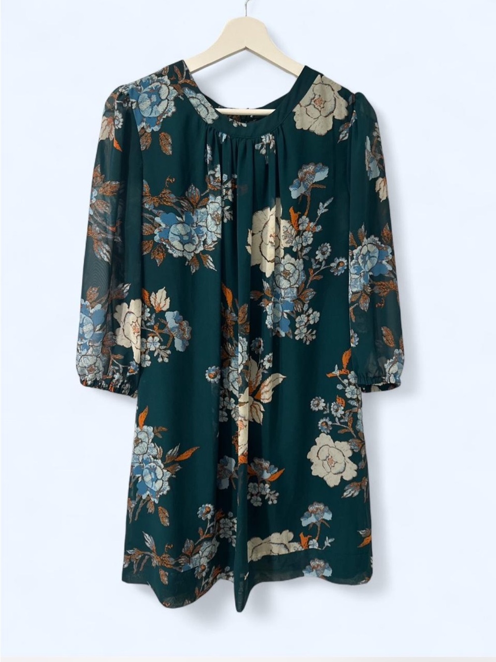 Dark Green Floral Dress with Blue and Cream Blooms